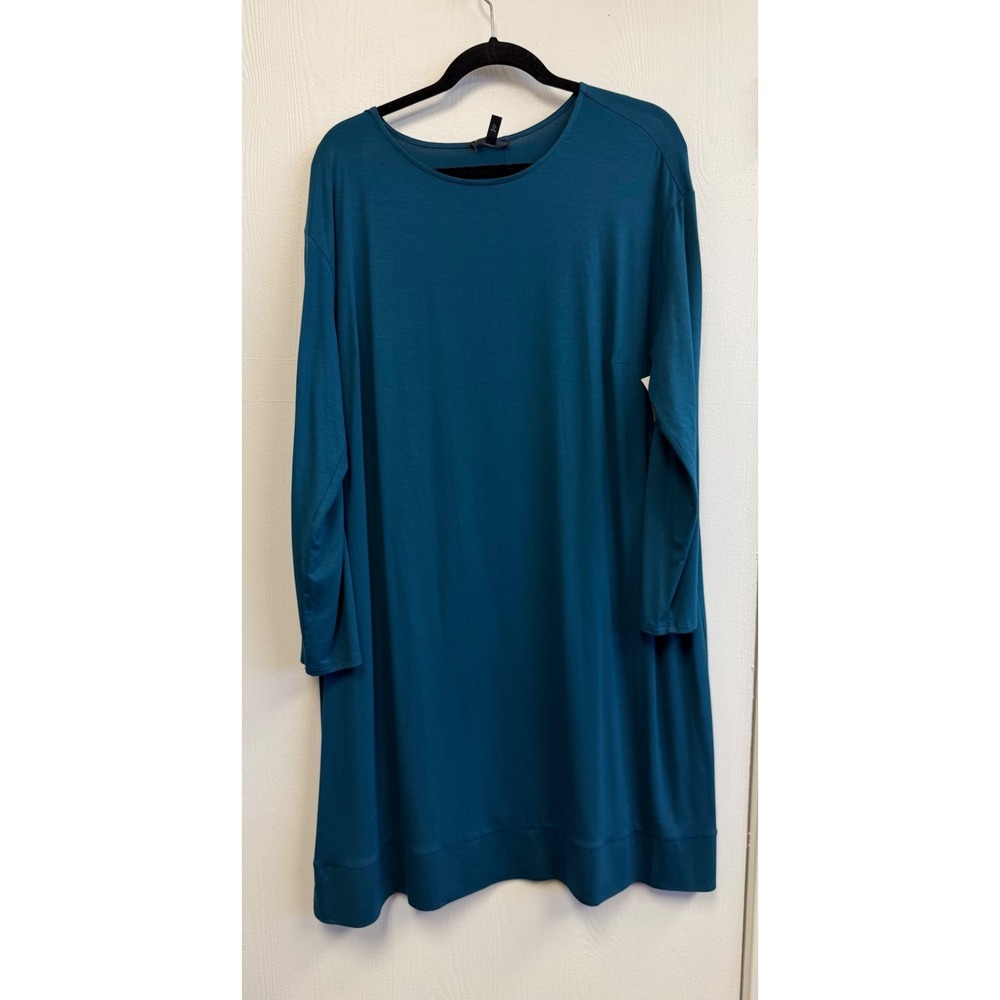 Eileen Fisher Woman Teal Blue Viscose Jersey Long Sleeve Shift Dress 1X